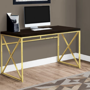 Computer Desk, Home Office, Laptop, Work, Brown Laminate, Gold Metal, Contemporary, Modern