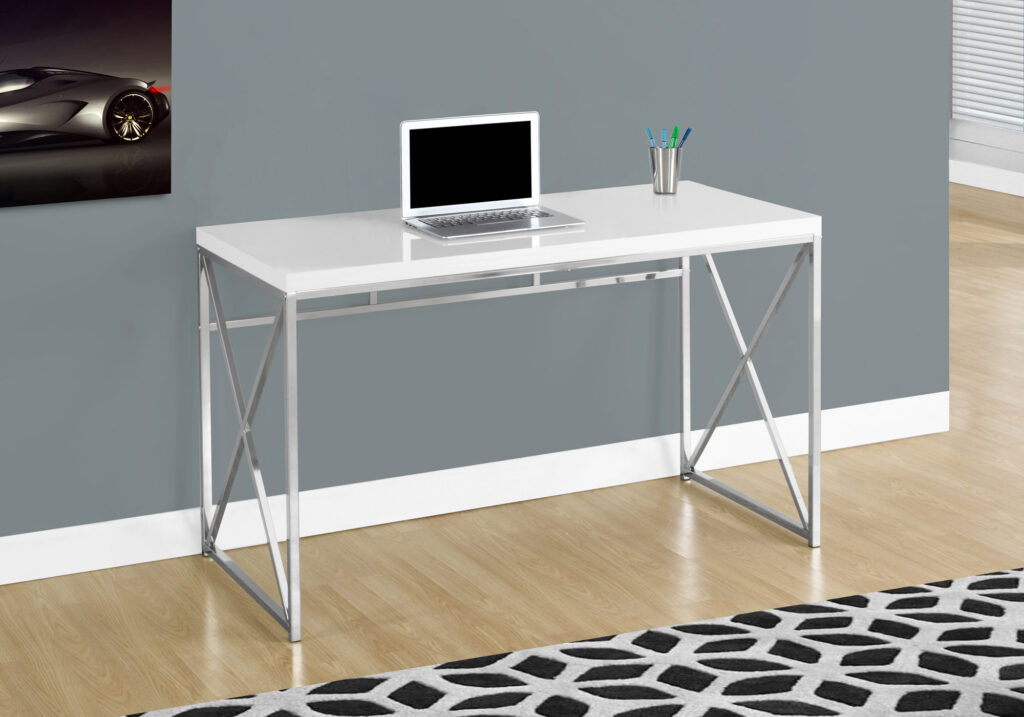 Computer Desk, Home Office, Laptop, Work, Glossy White Laminate, Chrome Metal, Contemporary, Modern