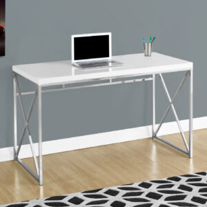 Computer Desk, Home Office, Laptop, Work, Glossy White Laminate, Chrome Metal, Contemporary, Modern