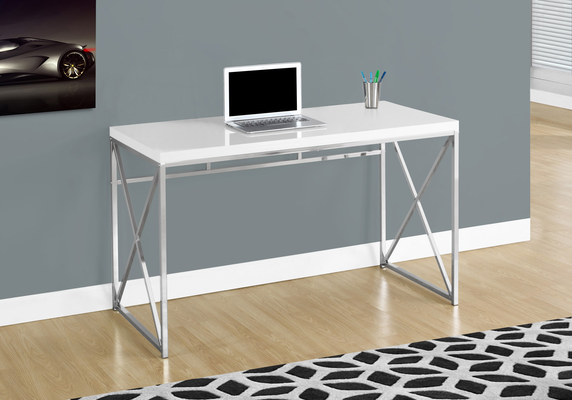 Computer Desk, Home Office, Laptop, Work, Glossy White Laminate, Chrome Metal, Contemporary, Modern