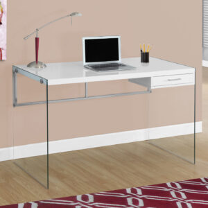 Computer Desk, Home Office, Laptop, Storage Drawers, 48"L, Work, Glossy White Laminate, Clear Tempered Glass, Contemporary, Modern