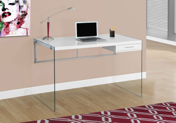 Computer Desk, Home Office, Laptop, Storage Drawers, 48″L, Work, Glossy White Laminate, Clear Tempered Glass, Contemporary, Modern