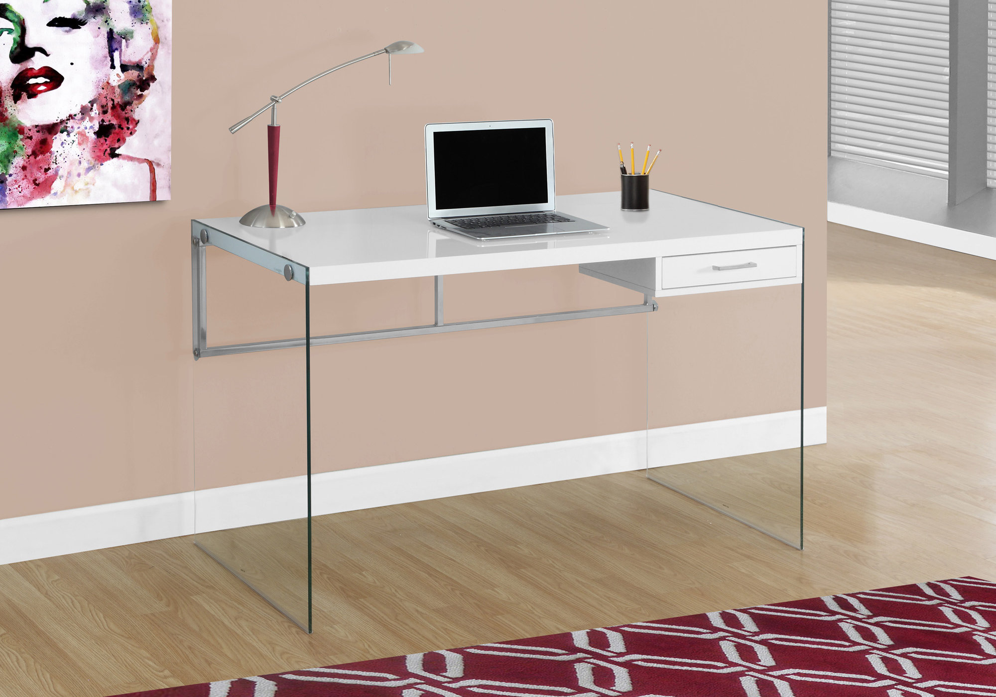 Computer Desk, Home Office, Laptop, Storage Drawers, 48″L, Work, Glossy White Laminate, Clear Tempered Glass, Contemporary, Modern