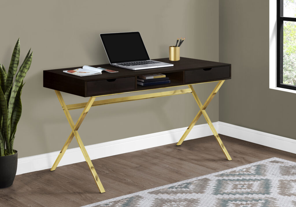 Computer Desk, Home Office, Laptop, Storage Drawers, 48″L, Work, Brown Laminate, Gold Metal, Contemporary, Modern