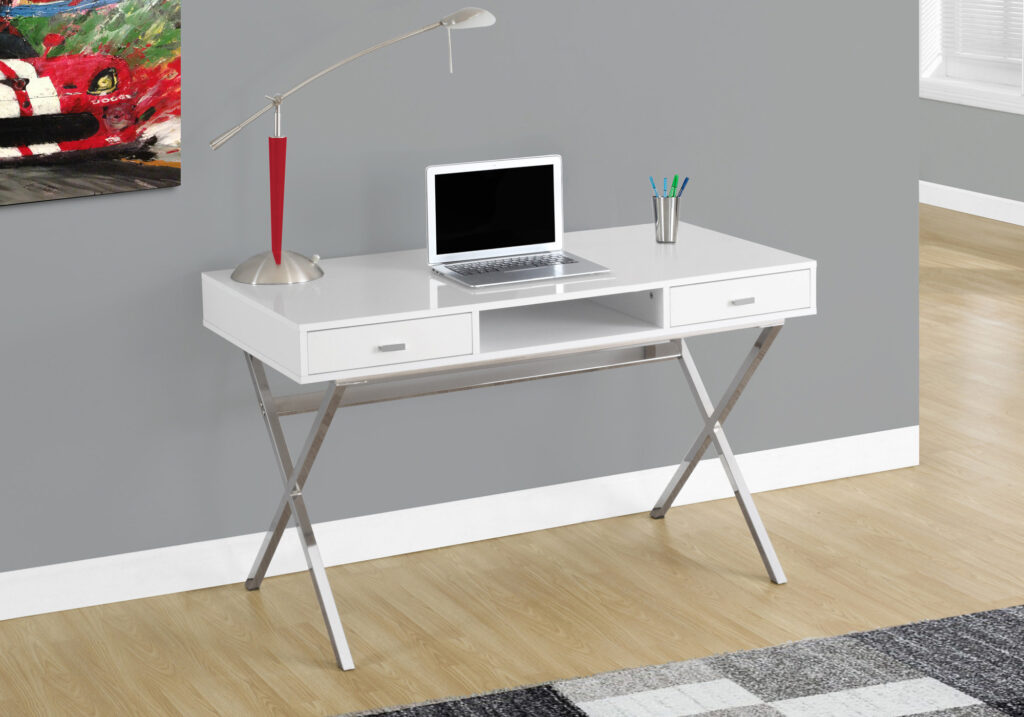 Computer Desk, Home Office, Laptop, Storage Drawers, 48″L, Work, Glossy White Laminate, Chrome Metal, Contemporary, Modern