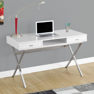 Computer Desk, Home Office, Laptop, Storage Drawers, 48"L, Work, Glossy White Laminate, Chrome Metal, Contemporary, Modern