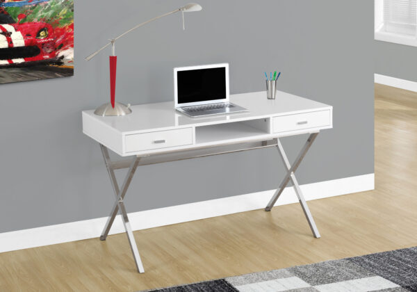 Computer Desk, Home Office, Laptop, Storage Drawers, 48″L, Work, Glossy White Laminate, Chrome Metal, Contemporary, Modern