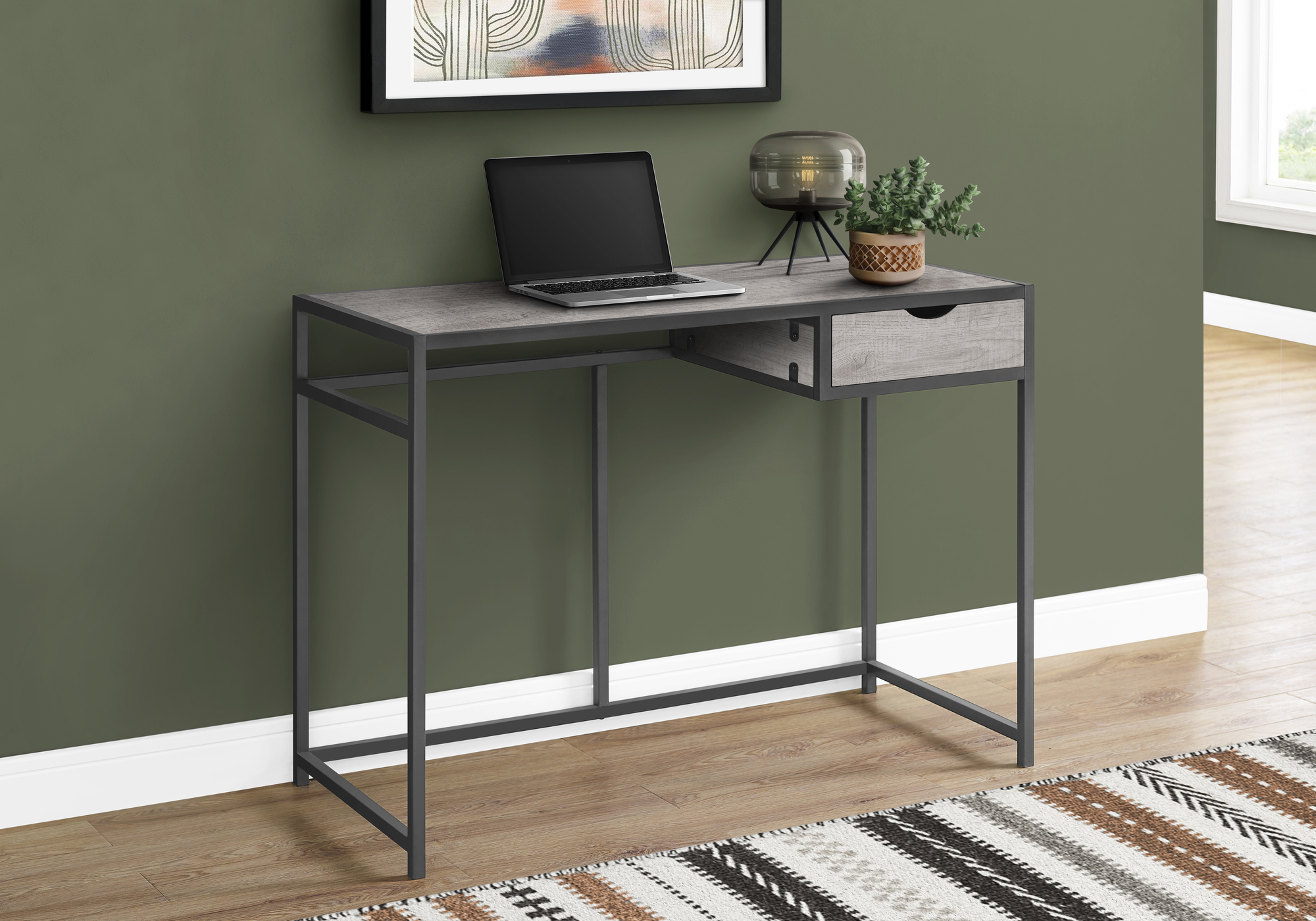 Computer Desk, Home Office, Laptop, Storage Drawer, 42″L, Work, Grey Laminate, Black Metal, Contemporary, Modern