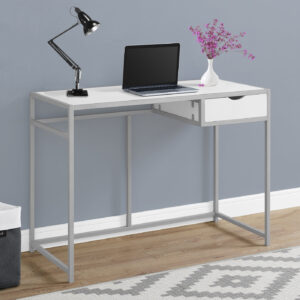 Computer Desk, Home Office, Laptop, Storage Drawer, 42"L, Work, White Laminate, Silver Metal, Contemporary, Modern