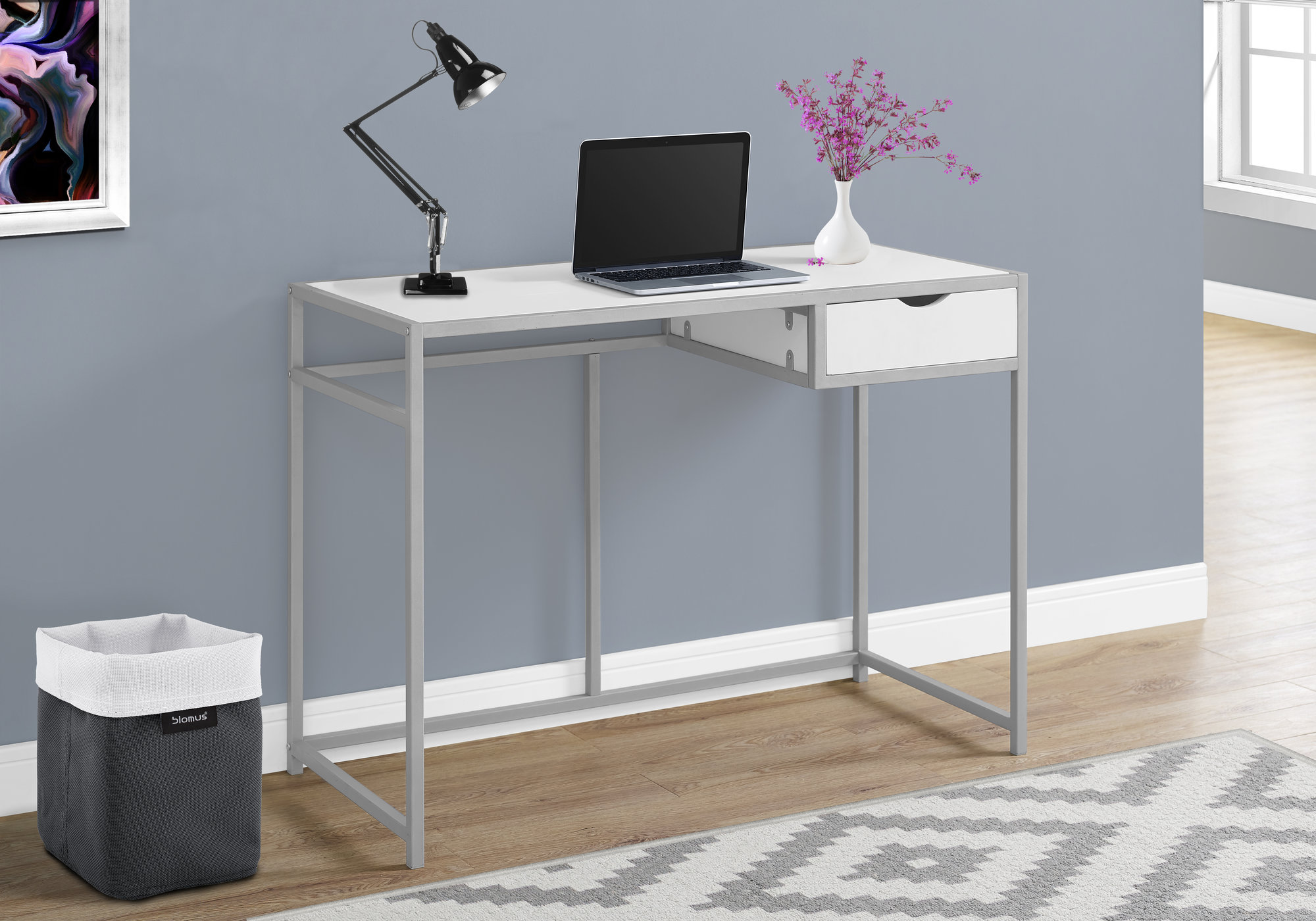 Computer Desk, Home Office, Laptop, Storage Drawer, 42″L, Work, White Laminate, Silver Metal, Contemporary, Modern
