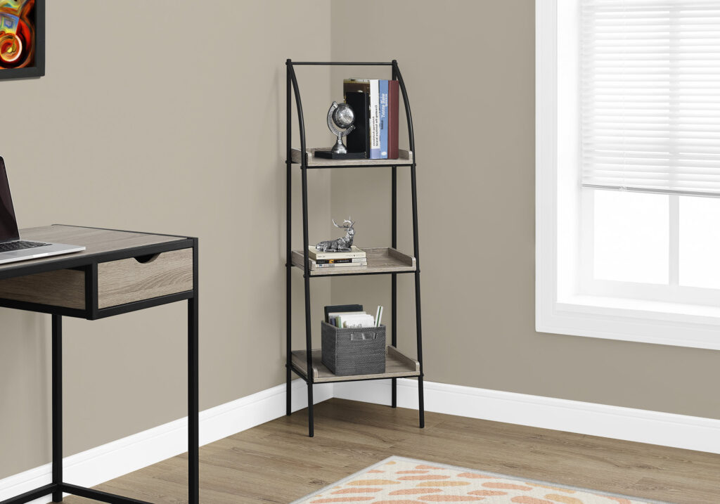 Bookshelf, Bookcase, Etagere, Corner, 3 Tier, 48″H, Office, Bedroom, Brown Laminate, Black Metal, Contemporary, Modern