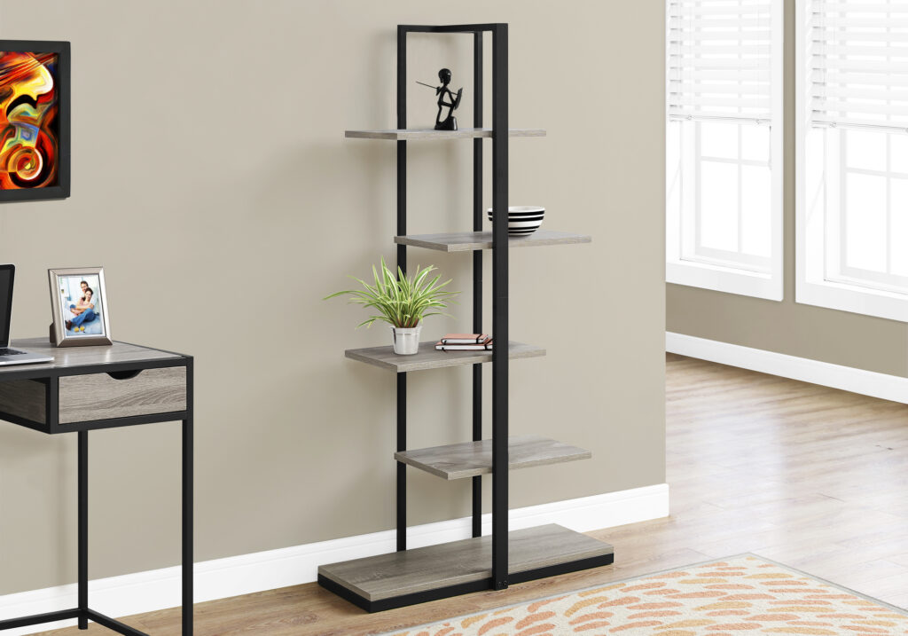 Bookshelf, Bookcase, Etagere, 5 Tier, 60″H, Office, Bedroom, Brown Laminate, Black Metal, Contemporary, Modern