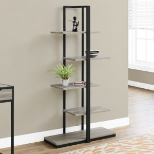 Bookshelf, Bookcase, Etagere, 5 Tier, 60"H, Office, Bedroom, Brown Laminate, Black Metal, Contemporary, Modern