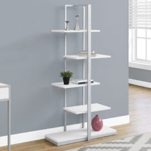 Bookshelf, Bookcase, Etagere, 5 Tier, 60"H, Office, Bedroom, White Laminate, Grey Metal, Contemporary, Modern