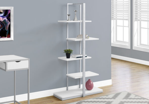 Bookshelf, Bookcase, Etagere, 5 Tier, 60″H, Office, Bedroom, White Laminate, Grey Metal, Contemporary, Modern