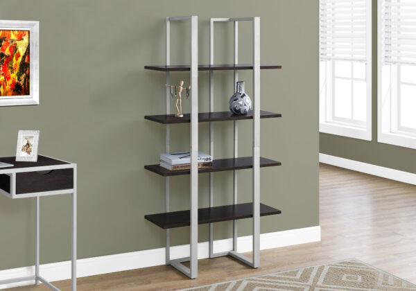 Bookshelf, Bookcase, Etagere, 4 Tier, 60″H, Office, Bedroom, Brown Laminate, Grey Metal, Contemporary, Modern
