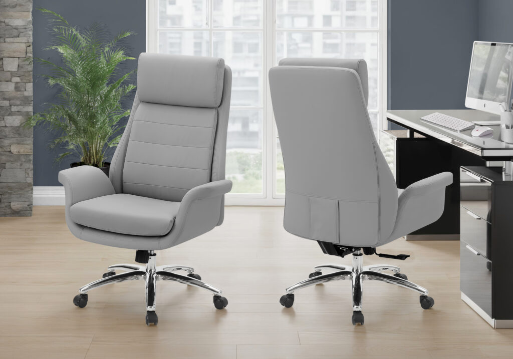 Office Chair, Adjustable Height, Armrests, Ergonomic, Swivel, Computer Desk, Work, Grey Leather Look, Chrome Metal, Contemporary, Modern