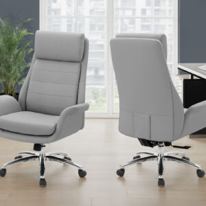 Office Chair, Adjustable Height, Armrests, Ergonomic, Swivel, Computer Desk, Work, Grey Leather Look, Chrome Metal, Contemporary, Modern