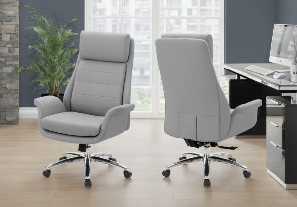 Office Chair, Adjustable Height, Armrests, Ergonomic, Swivel, Computer Desk, Work, Grey Leather Look, Chrome Metal, Contemporary, Modern