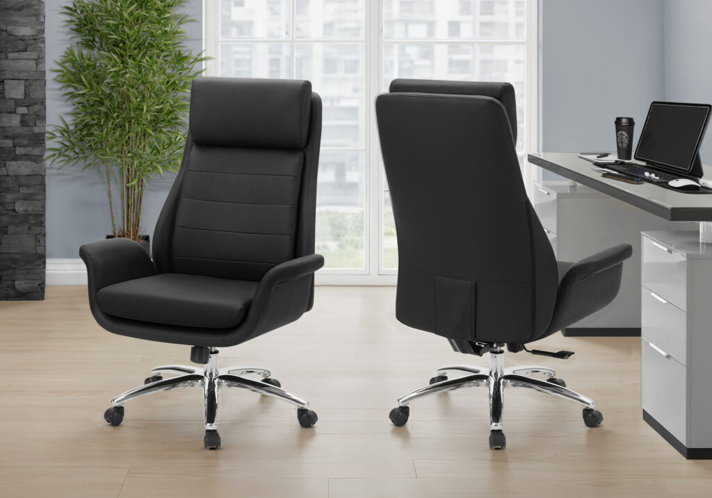 Office Chair, Adjustable Height, Armrests, Ergonomic, Swivel, Computer Desk, Work, Black Leather Look, Chrome Metal, Contemporary, Modern