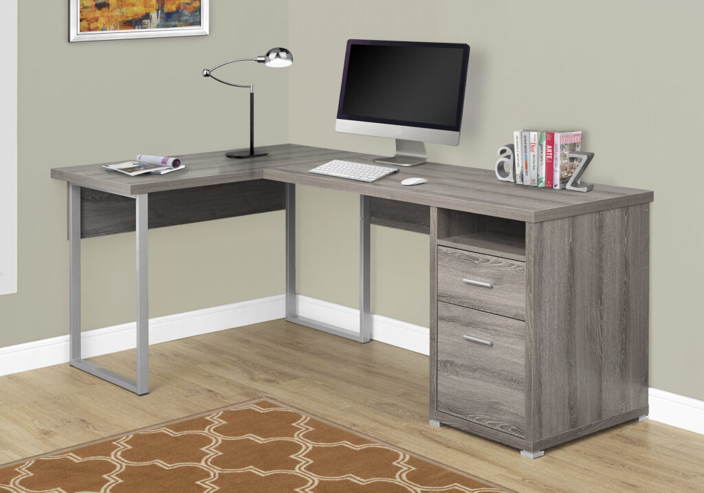 Computer Desk, Home Office, Corner, Left, Right Set-up, Storage Drawers, 80″L, L Shape, Work, Laptop, Brown Laminate, Grey Metal, Contemporary, Modern
