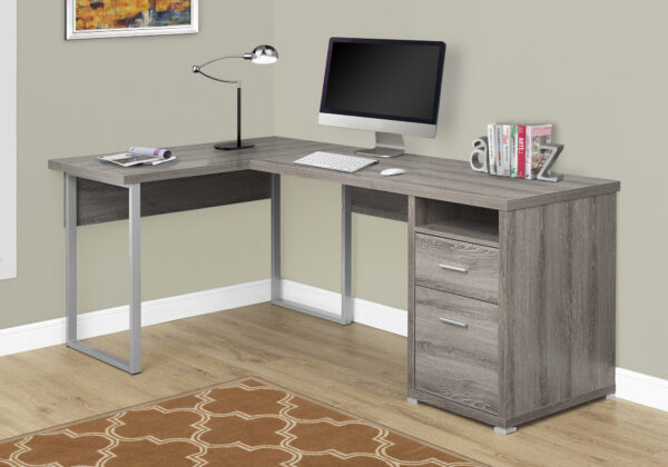 Computer Desk, Home Office, Corner, Left, Right Set-up, Storage Drawers, 80″L, L Shape, Work, Laptop, Brown Laminate, Grey Metal, Contemporary, Modern