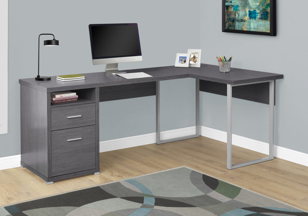 Computer Desk, Home Office, Corner, Left, Right Set-up, Storage Drawers, 80″L, L Shape, Work, Laptop, Grey Laminate, Grey Metal, Contemporary, Modern
