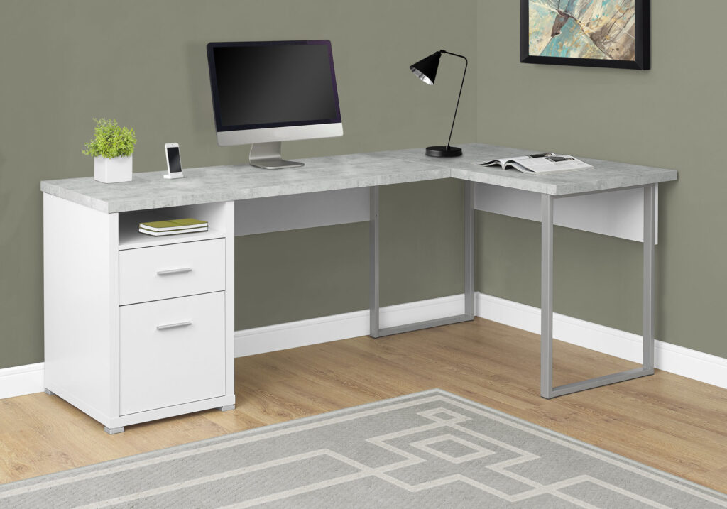 Computer Desk, Home Office, Corner, Left, Right Set-up, Storage Drawers, 80″L, L Shape, Work, Laptop, White And Grey Cement-look Laminate, Grey Metal, Contemporary, Modern