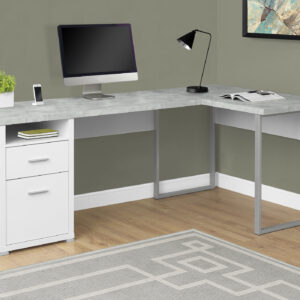 Computer Desk, Home Office, Corner, Left, Right Set-up, Storage Drawers, 80"L, L Shape, Work, Laptop, White And Grey Cement-look Laminate, Grey Metal, Contemporary, Modern