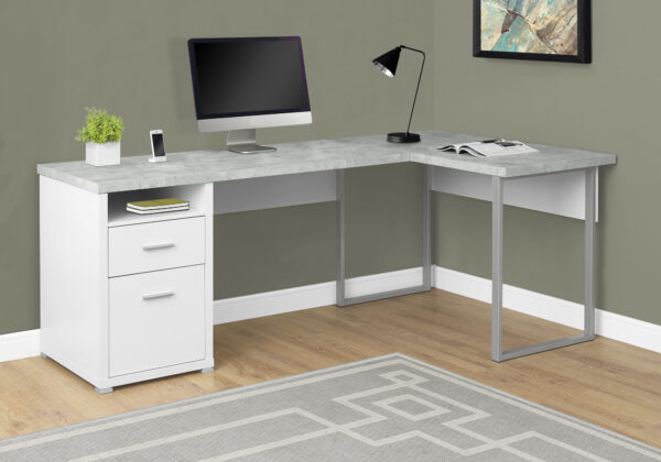 Computer Desk, Home Office, Corner, Left, Right Set-up, Storage Drawers, 80″L, L Shape, Work, Laptop, White And Grey Cement-look Laminate, Grey Metal, Contemporary, Modern