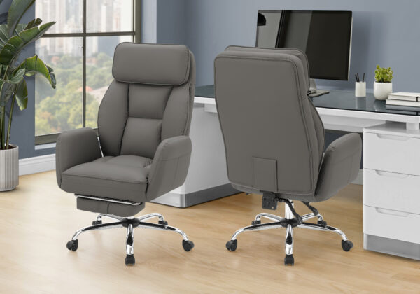Office Chair, Adjustable Height, Armrests, Ergonomic, Swivel, Computer Desk, Work, Dark Grey Leather-look, Chrome Metal, Contemporary, Modern