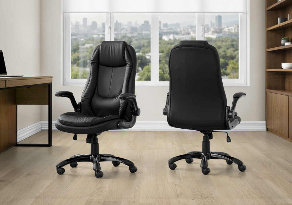 Office Chair, Adjustable Height, Swivel, Ergonomic, Armrests, Computer Desk, Work, Black Leather Look, Black Metal, Contemporary, Modern