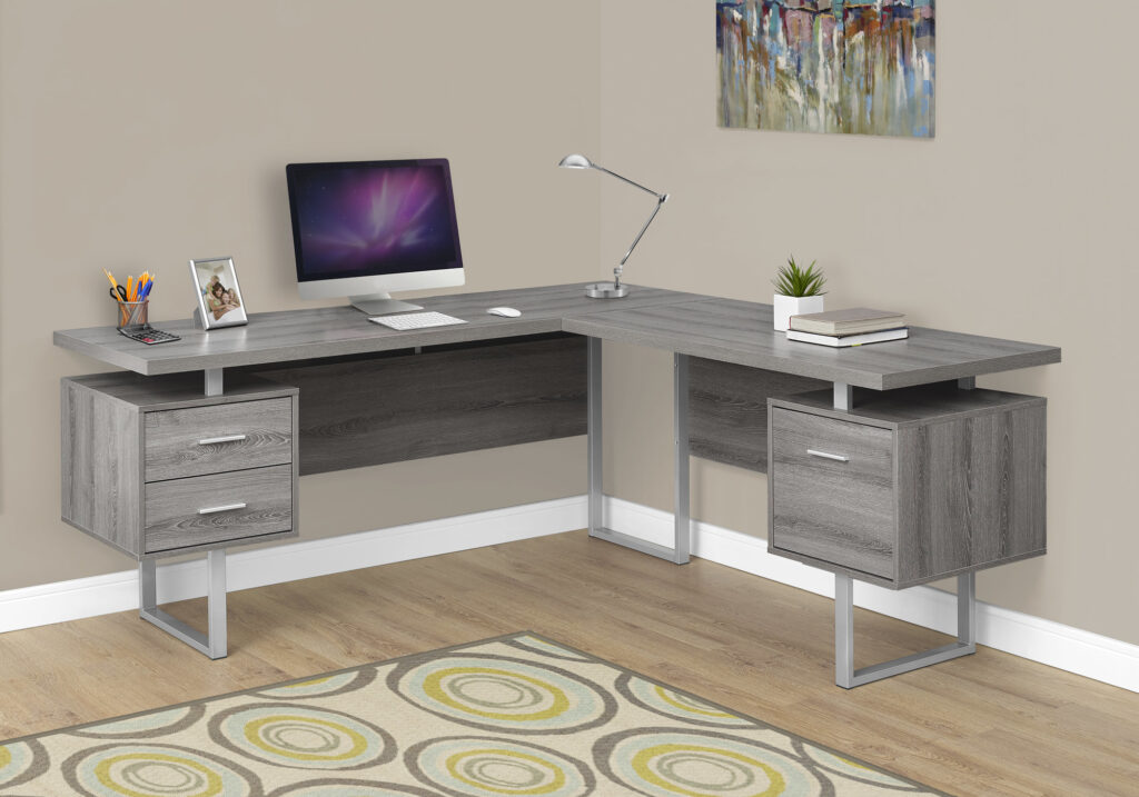 Computer Desk, Home Office, Corner, Left, Right Set-up, Storage Drawers, 70″L, L Shape, Work, Laptop, Brown Laminate, Grey Metal, Contemporary, Modern