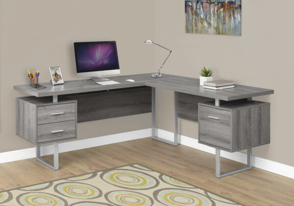 Computer Desk, Home Office, Corner, Left, Right Set-up, Storage Drawers, 70″L, L Shape, Work, Laptop, Brown Laminate, Grey Metal, Contemporary, Modern