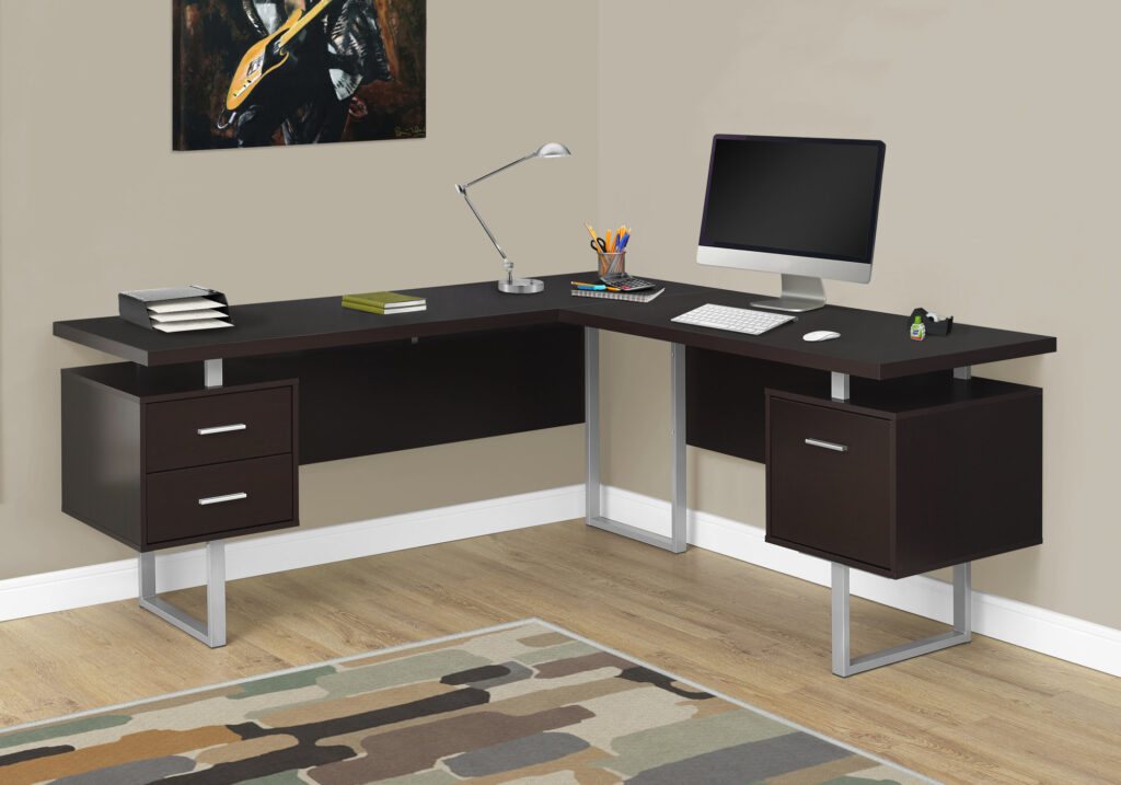 Computer Desk, Home Office, Corner, Left, Right Set-up, Storage Drawers, 70″L, L Shape, Work, Laptop, Brown Laminate, Grey Metal, Contemporary, Modern