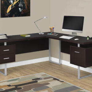 Computer Desk, Home Office, Corner, Left, Right Set-up, Storage Drawers, 70"L, L Shape, Work, Laptop, Brown Laminate, Grey Metal, Contemporary, Modern