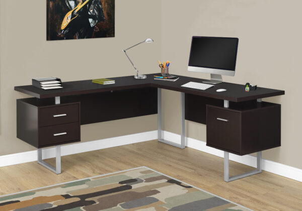 Computer Desk, Home Office, Corner, Left, Right Set-up, Storage Drawers, 70″L, L Shape, Work, Laptop, Brown Laminate, Grey Metal, Contemporary, Modern
