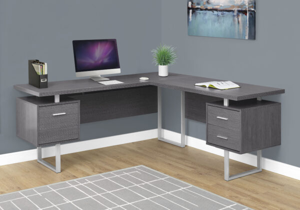 Computer Desk, Home Office, Corner, Left, Right Set-up, Storage Drawers, 70″L, L Shape, Work, Laptop, Grey Laminate, Grey Metal, Contemporary, Modern