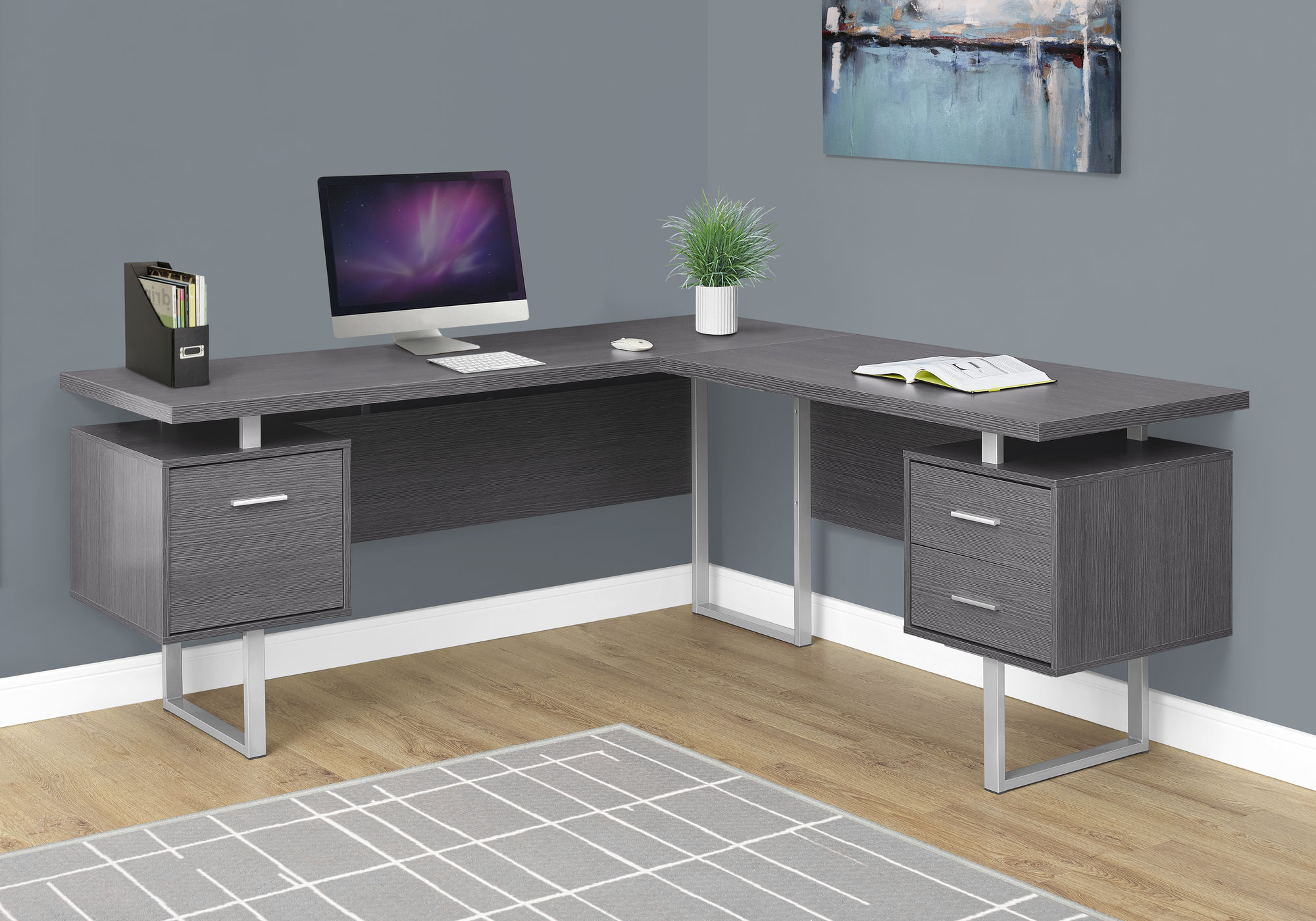 Computer Desk, Home Office, Corner, Left, Right Set-up, Storage Drawers, 70″L, L Shape, Work, Laptop, Grey Laminate, Grey Metal, Contemporary, Modern