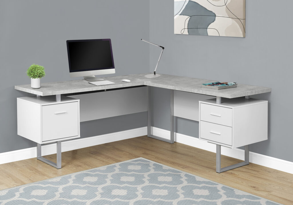 Computer Desk, Home Office, Corner, Left, Right Set-up, Storage Drawers, 70″L, L Shape, Work, Laptop, Grey Laminate, White Metal, Contemporary, Modern