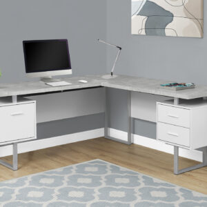 Computer Desk, Home Office, Corner, Left, Right Set-up, Storage Drawers, 70"L, L Shape, Work, Laptop, Grey Laminate, White Metal, Contemporary, Modern