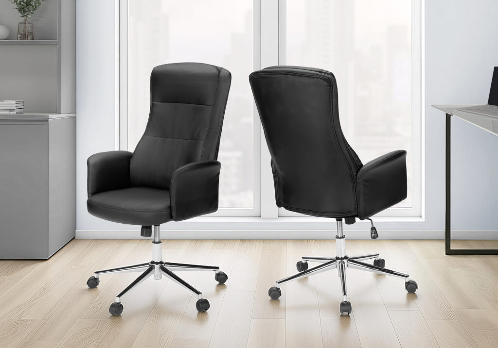 Office Chair, Swivel, Adjustable Height, Armrests, Ergonomic, Work, Black Leather Look, Chrome Metal, Contemporary, Modern