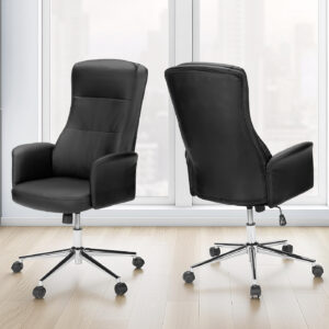 Office Chair, Swivel, Adjustable Height, Armrests, Ergonomic, Work, Black Leather Look, Chrome Metal, Contemporary, Modern