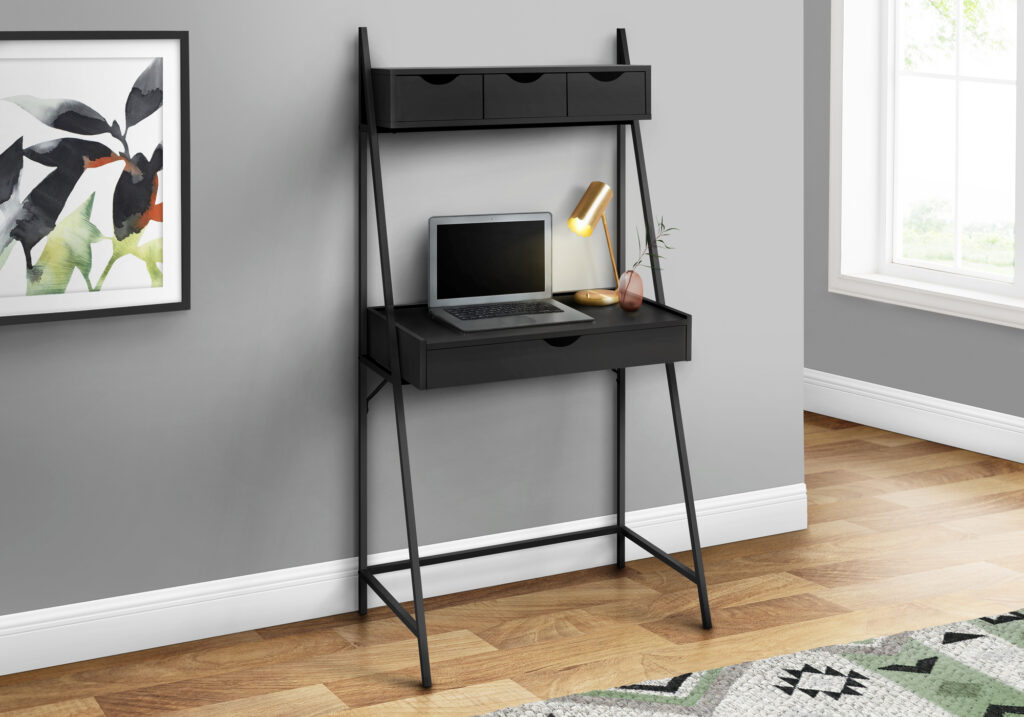 Computer Desk, Home Office, Laptop, Leaning, Storage Drawers, 32″L, Work, Black Laminate, Black Metal, Contemporary, Modern
