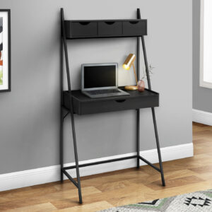 Computer Desk, Home Office, Laptop, Leaning, Storage Drawers, 32"L, Work, Black Laminate, Black Metal, Contemporary, Modern