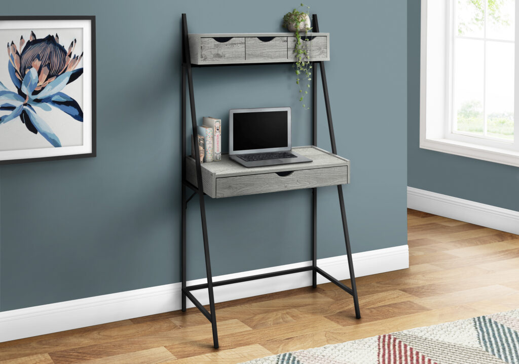 Computer Desk, Home Office, Laptop, Leaning, Storage Drawers, 32″L, Work, Grey Laminate, Black Metal, Contemporary, Modern