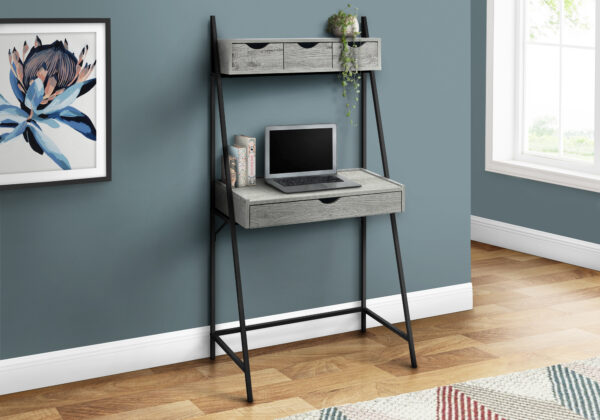 Computer Desk, Home Office, Laptop, Leaning, Storage Drawers, 32″L, Work, Grey Laminate, Black Metal, Contemporary, Modern