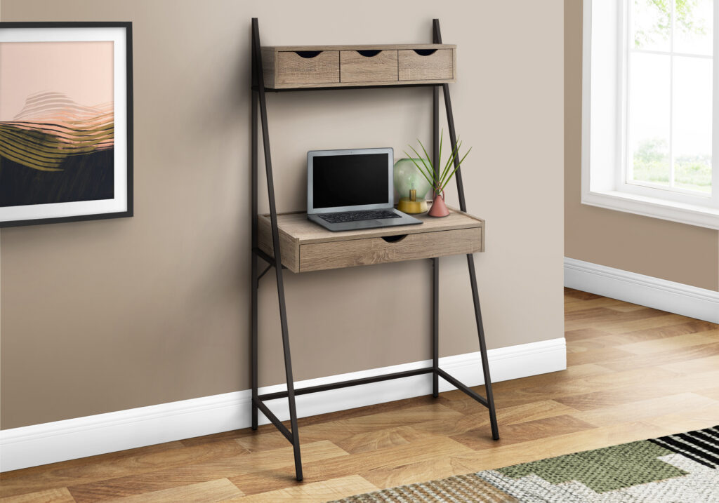 Computer Desk, Home Office, Laptop, Leaning, Storage Drawers, 32″L, Work, Brown Laminate, Black Metal, Contemporary, Modern