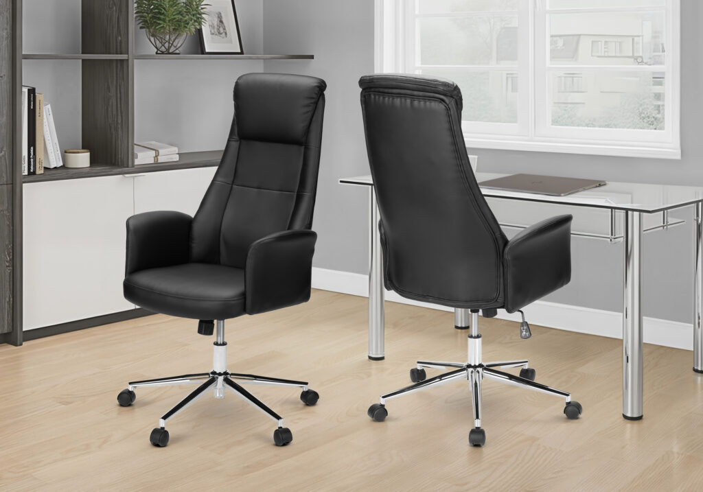 Office Chair, Adjustable Height, Ergonomic, Swivel, Armrests, Work, Black Leather Look, Chrome Metal, Contemporary, Modern