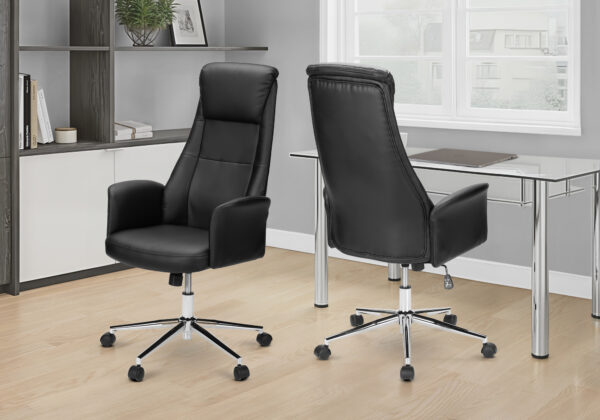 Office Chair, Adjustable Height, Ergonomic, Swivel, Armrests, Work, Black Leather Look, Chrome Metal, Contemporary, Modern